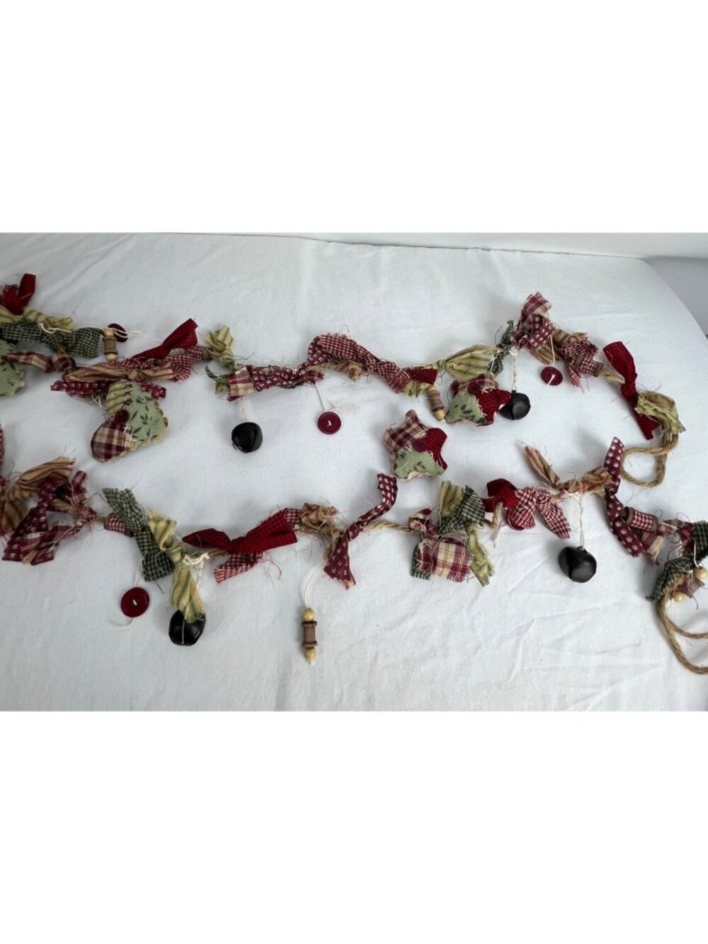 Primitive Homespun Rag Garland With Bells & Buttons Rustic Country Farmhouse Dec